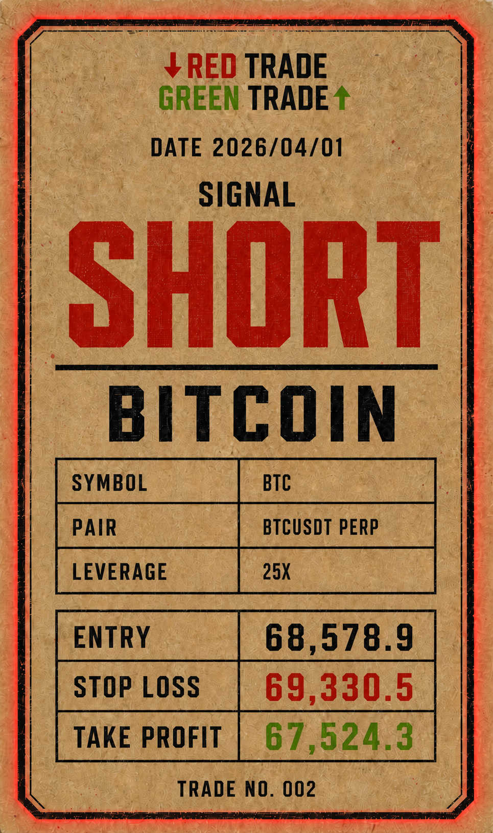 Planned Bitcoin short signal card